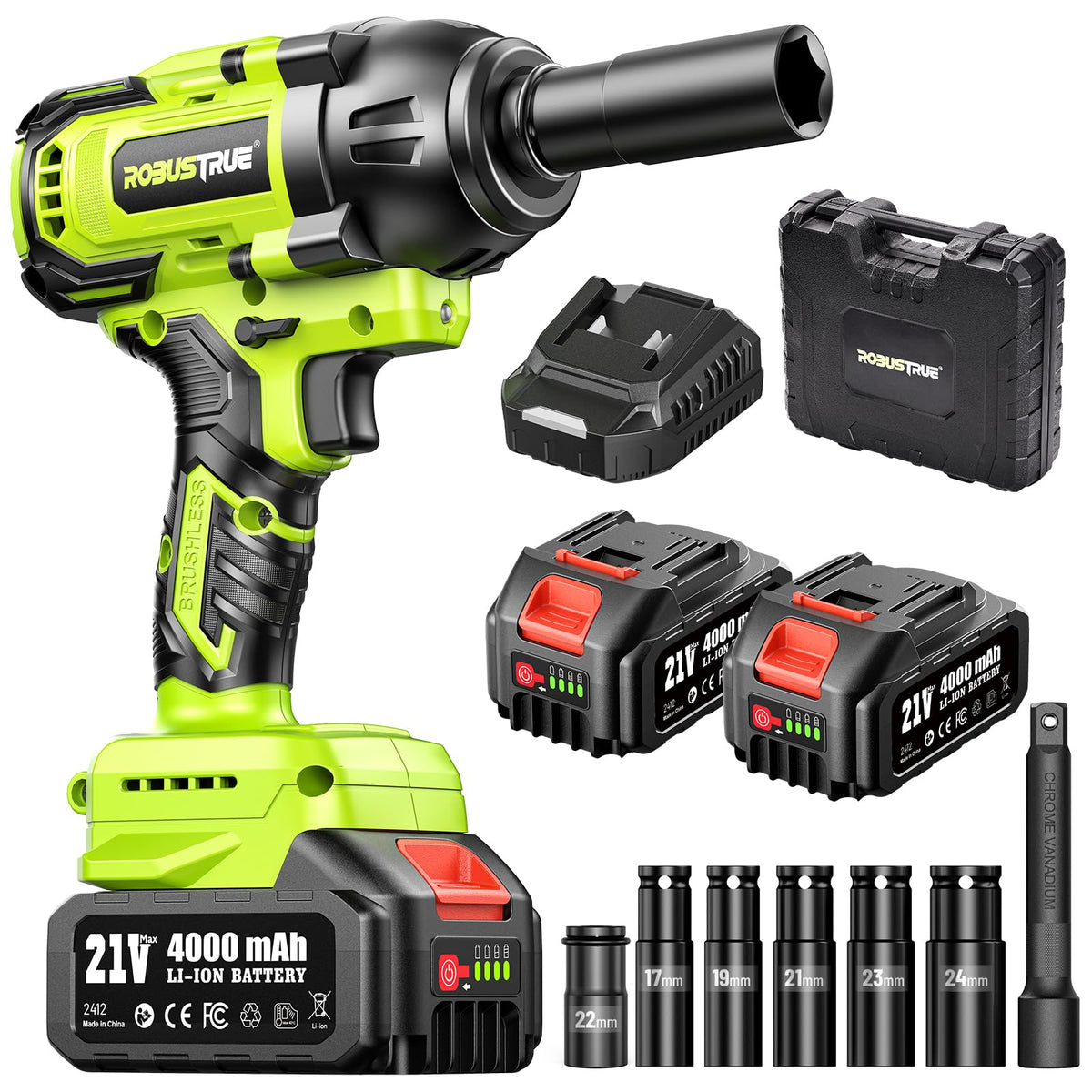 Robustrue cordless impact wrench front view shows power for heavy-duty tasks.