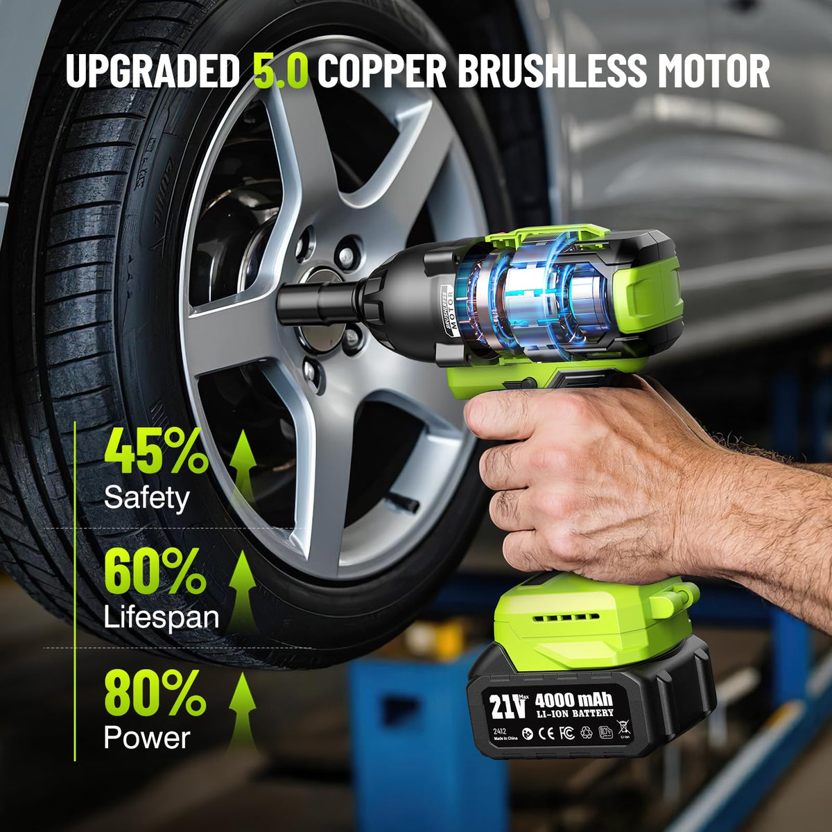 Robustrue cordless impact wrench battery pack provides extended operation.