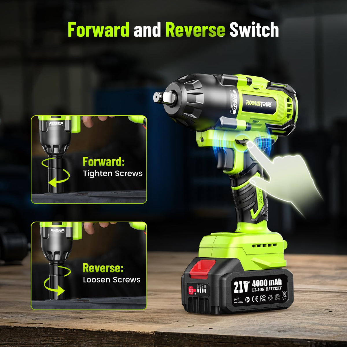 Robustrue cordless impact wrench forward-reverse with brake-stop prevents bolt drops.