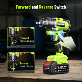 Robustrue cordless impact wrench forward-reverse with brake-stop prevents bolt drops.