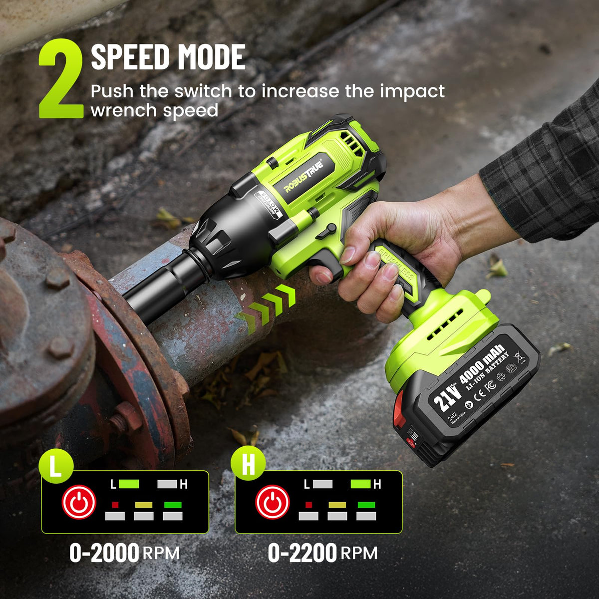 Robustrue cordless impact wrench two-speed modes offer precise torque control.