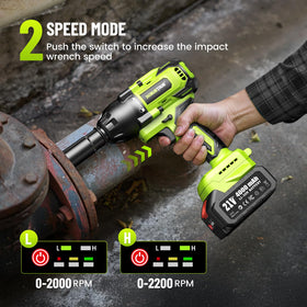 Robustrue cordless impact wrench two-speed modes offer precise torque control.