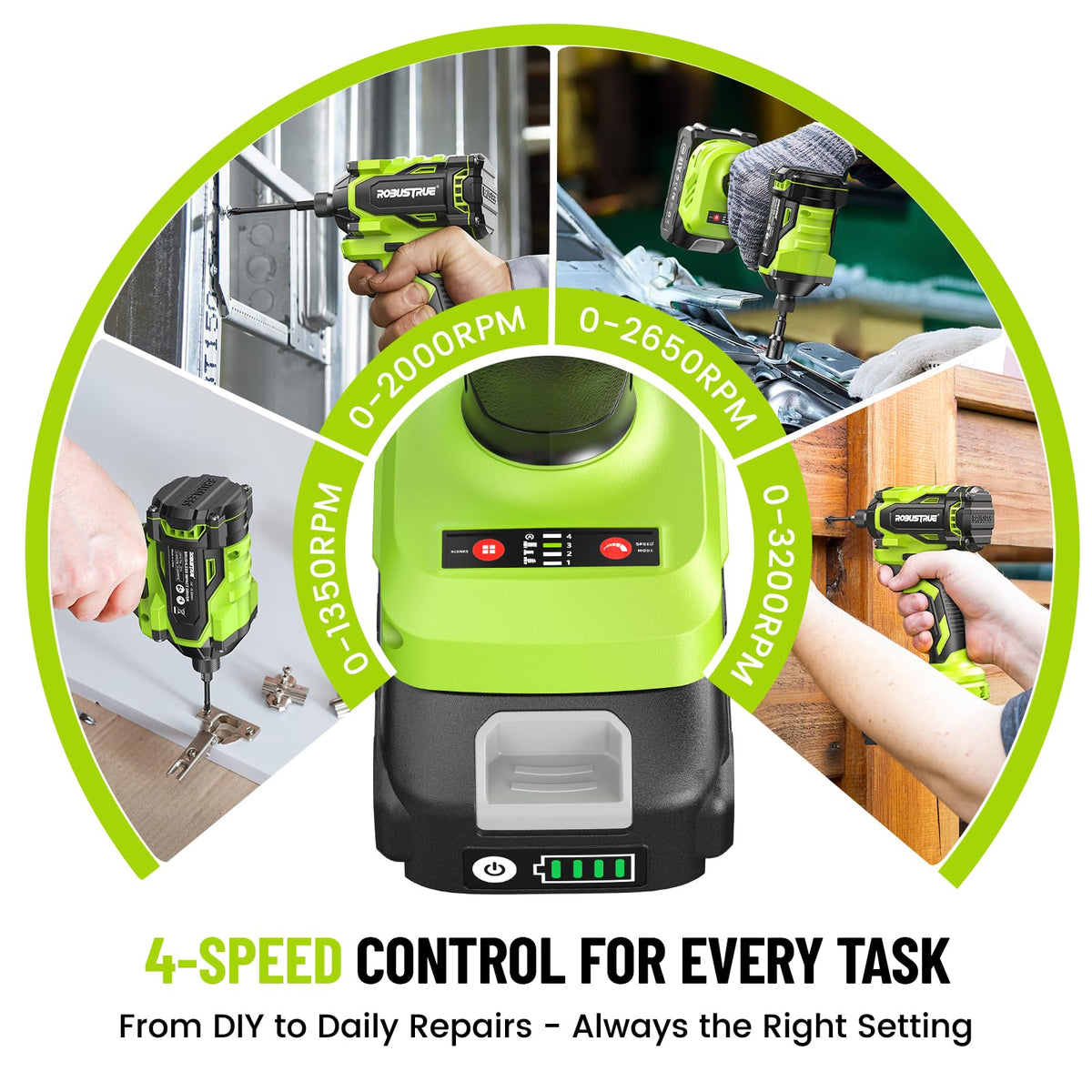 Robustrue impact driver with two 2.0Ah batteries for extended projects.
