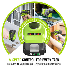 Robustrue impact driver with two 2.0Ah batteries for extended projects.