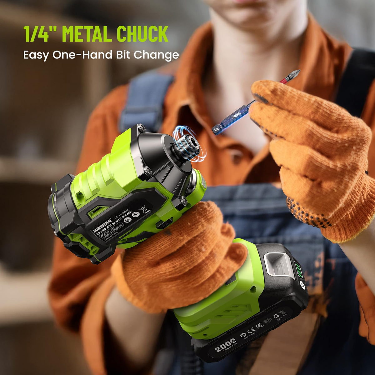 Robustrue impact driver 1/4-inch quick-release chuck for fast bit changes.
