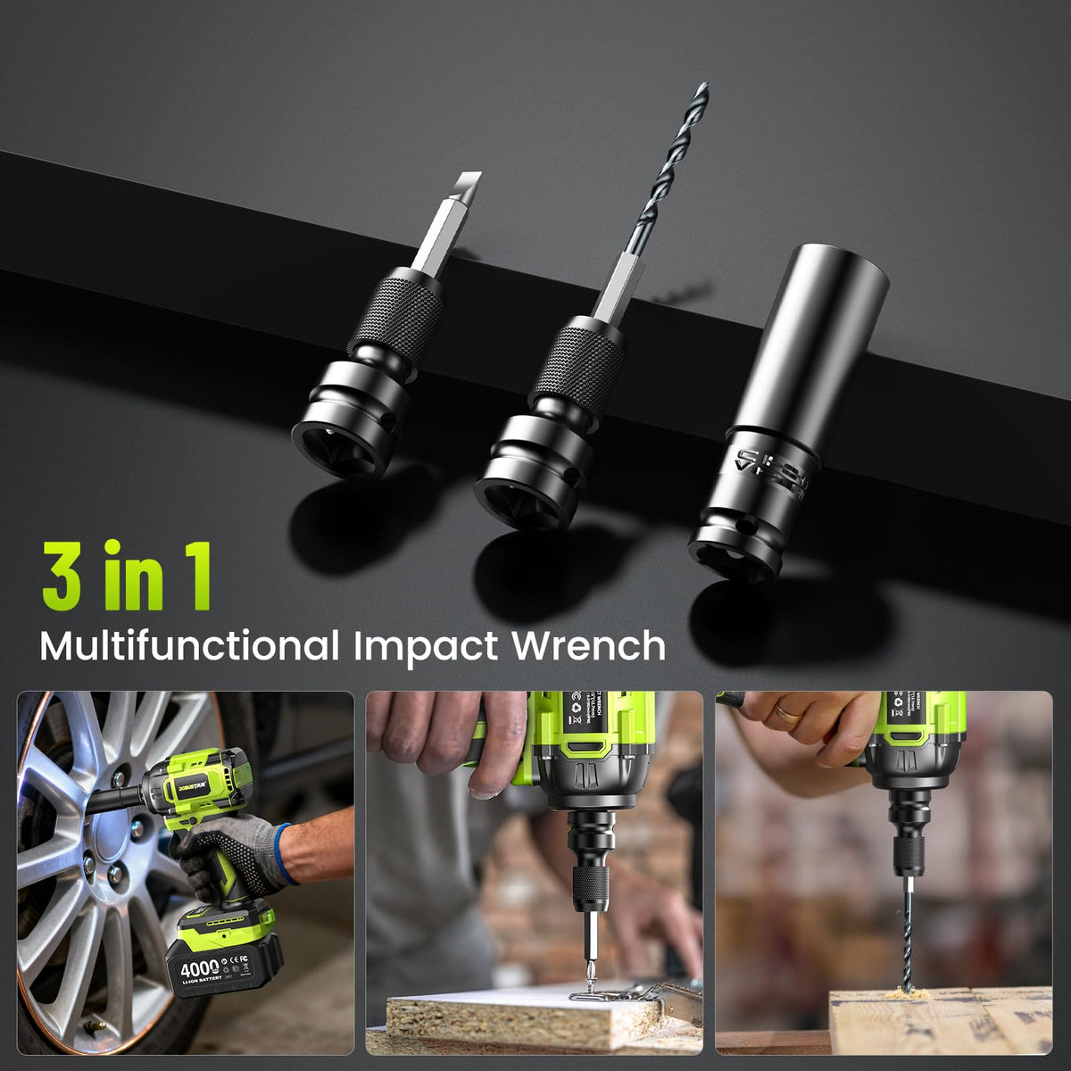 Robustrue three-in-one tool acts as drill and screwdriver.