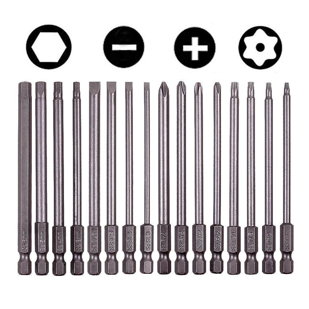 Rocaris 16-pack long magnetic bits with slotted heads for precise screw driving