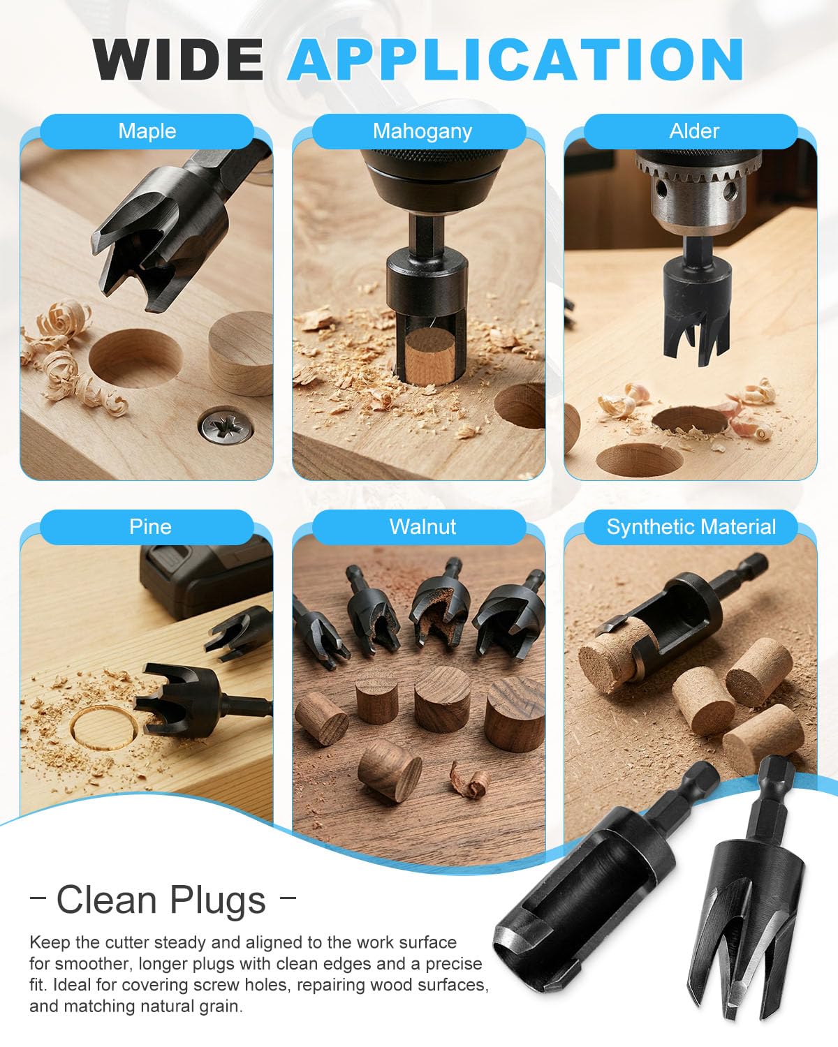 Rocaris plug cutter set in use, delivers professional-looking results.