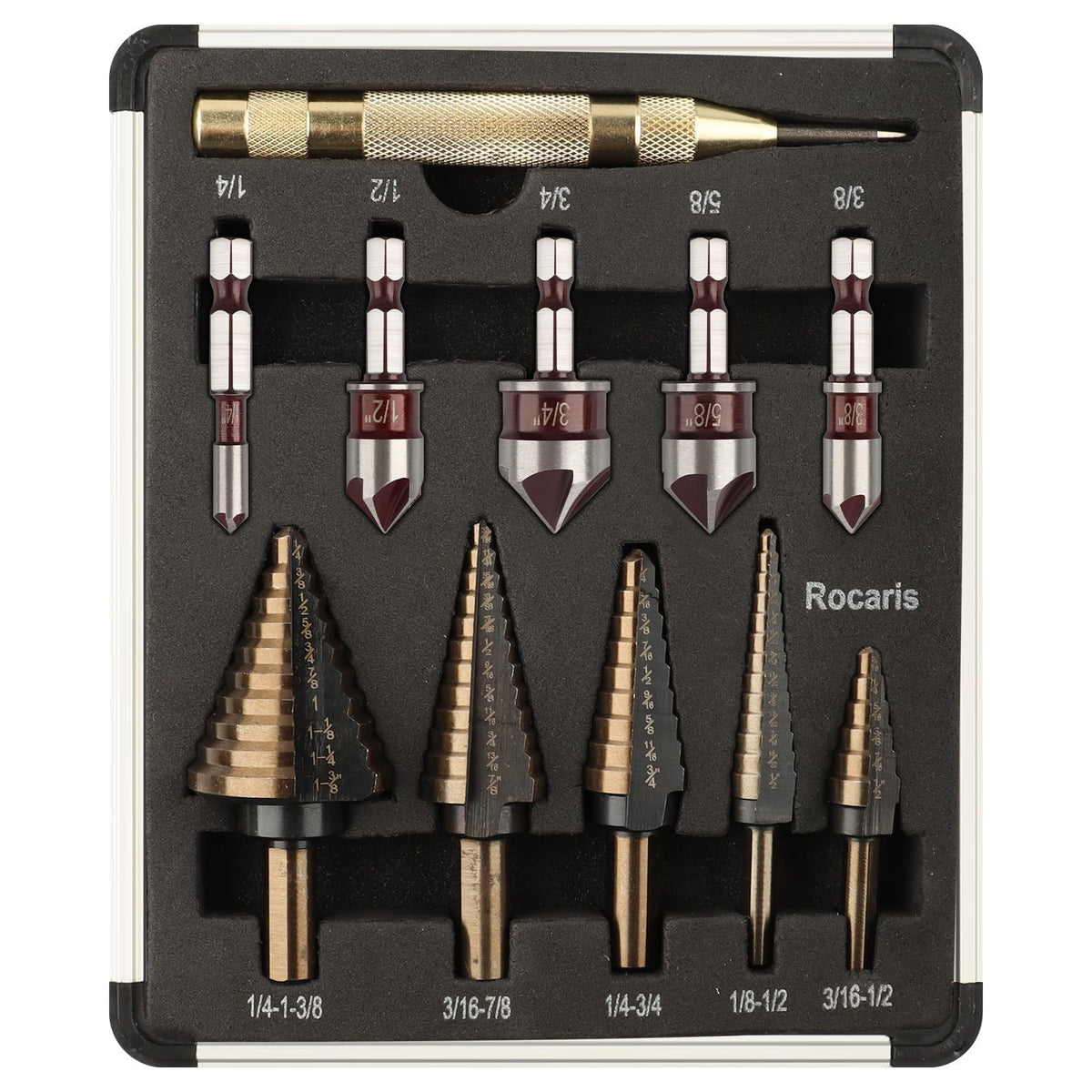 Rocaris step-bits set for versatile metal drilling and sizing