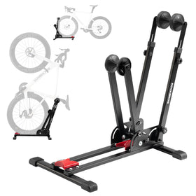 ROCKBROS bike stand in vertical mode showing space saving in a small room