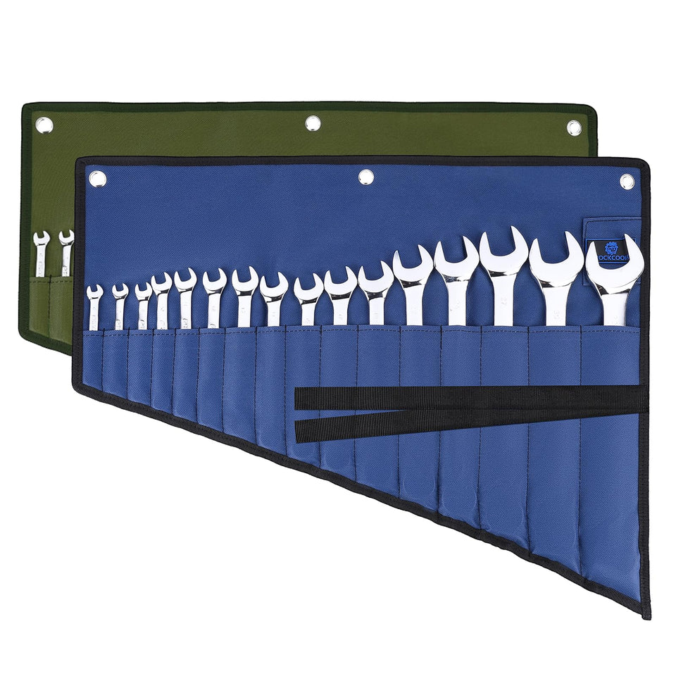 ROCKCOON 16-pocket wrench roll organizer in blue-green showing organized pockets for quick access