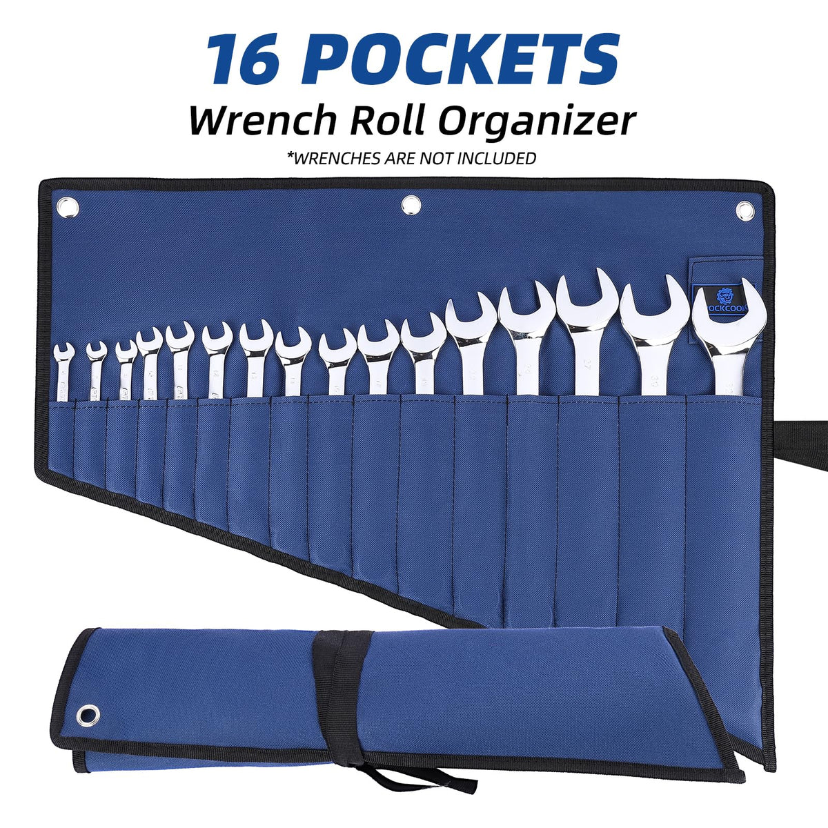ROCKCOON wrench roll organizer blue-green pocket layout demonstrating tool organization