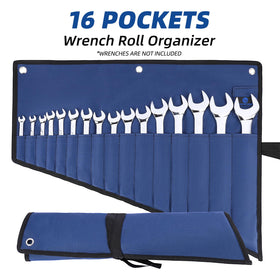 ROCKCOON wrench roll organizer blue-green pocket layout demonstrating tool organization