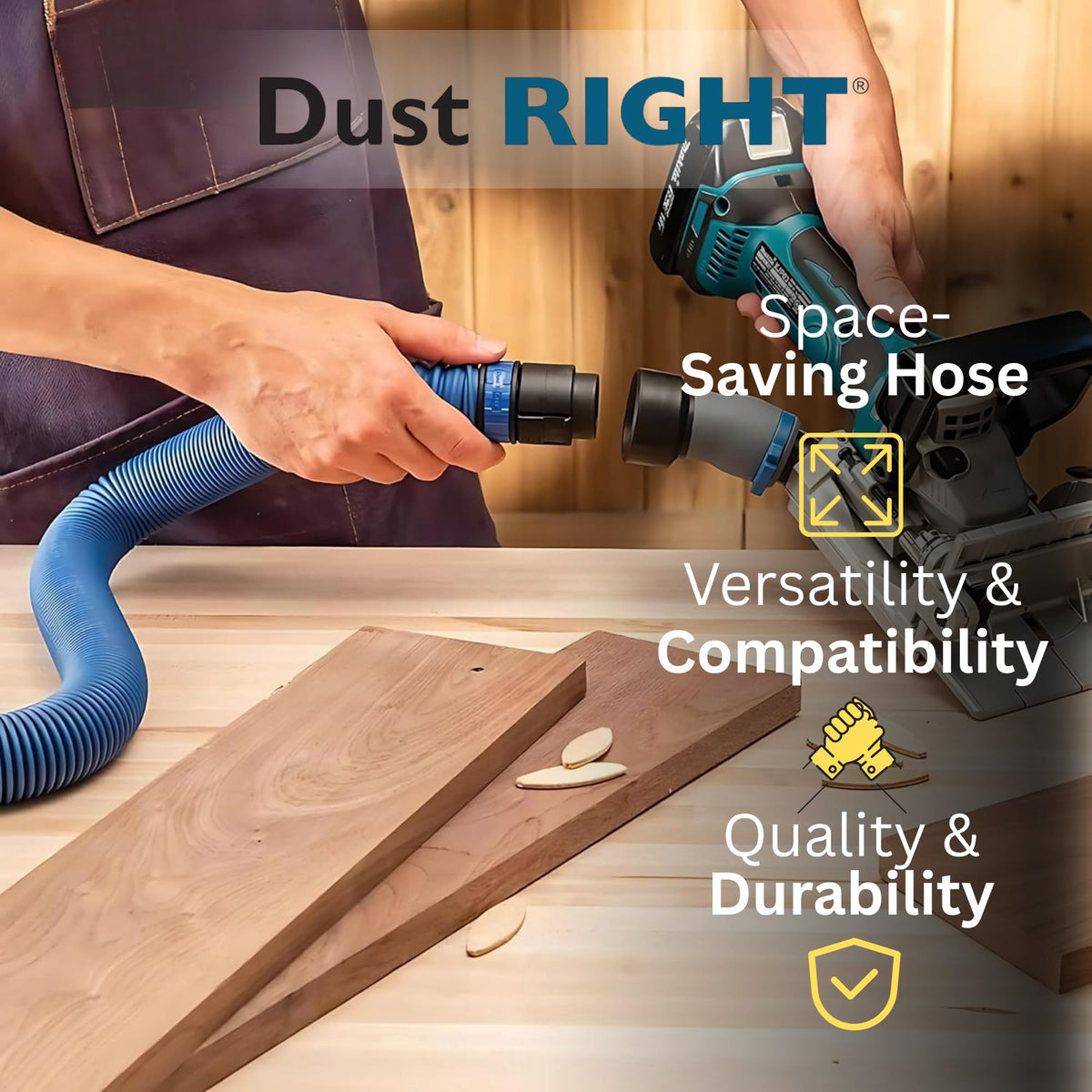 Rockler Click-Connect hose adapter with suction control ring enables quick tool changes.