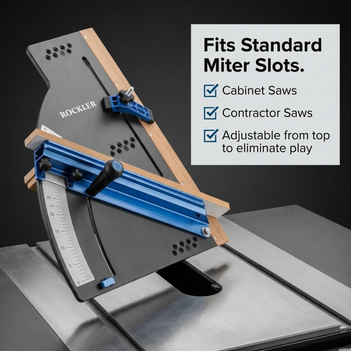 Rockler crosscut sled with telescoping fence supports long stock from 25 to 38.25 inches