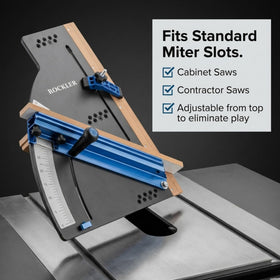 Rockler crosscut sled with telescoping fence supports long stock from 25 to 38.25 inches