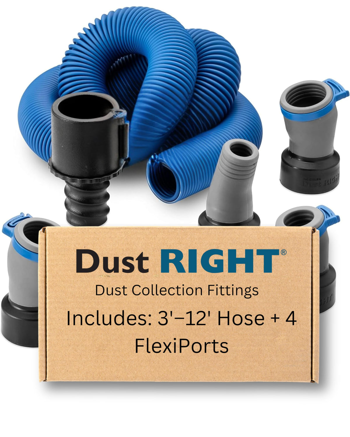 Rockler Dust Right hose expands from 3 to 12 feet for flexible dust collection.