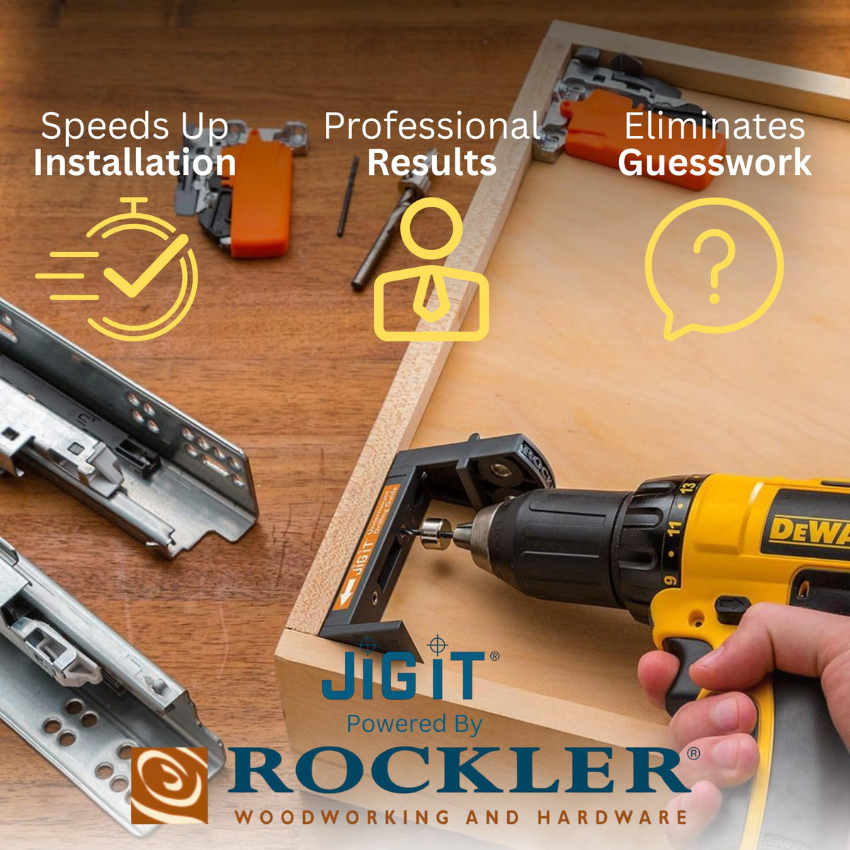 Rockler JIG IT guides 15 degree pilot holes for locking devices.