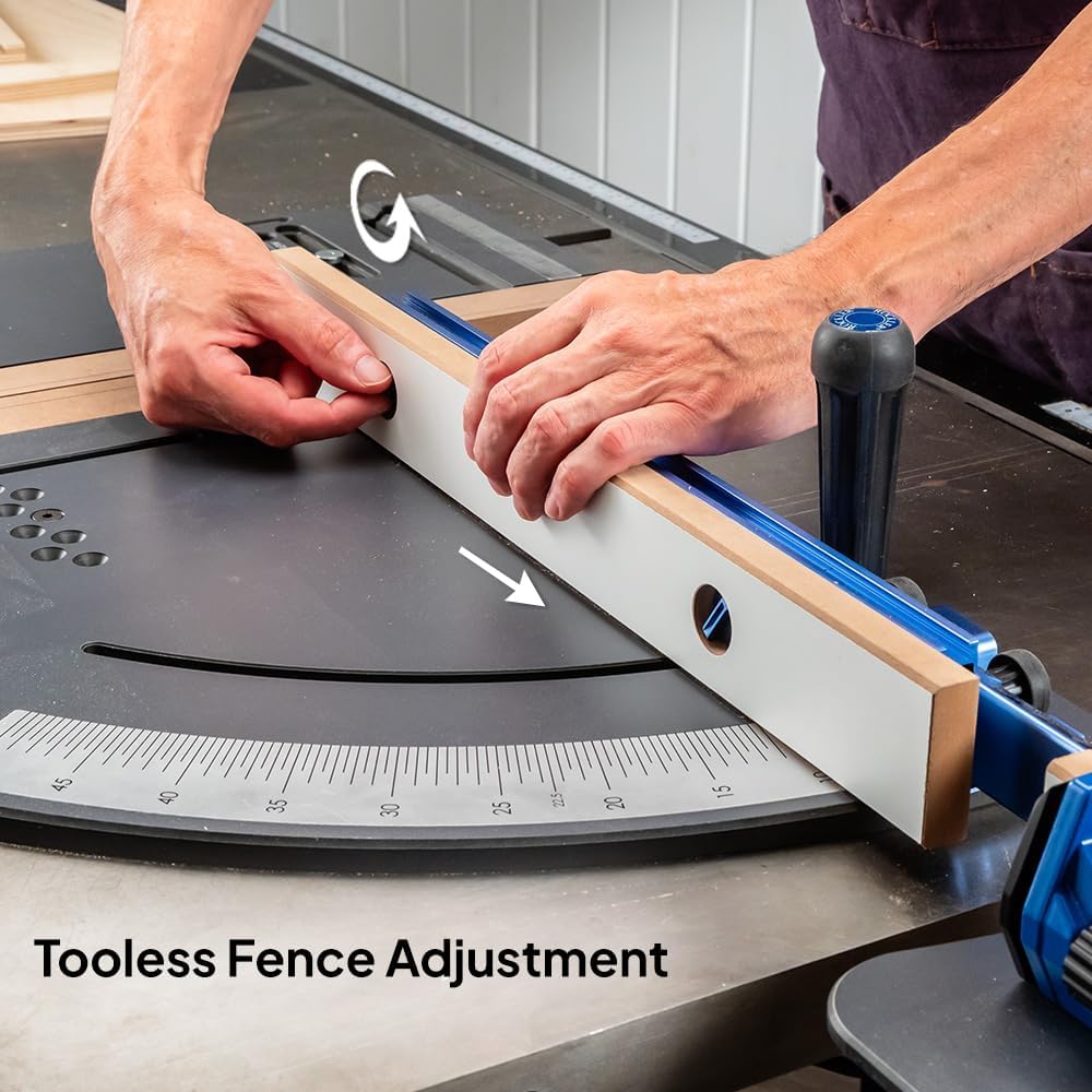 Rockler micro-adjust flip stop for exact length control on cabinet parts