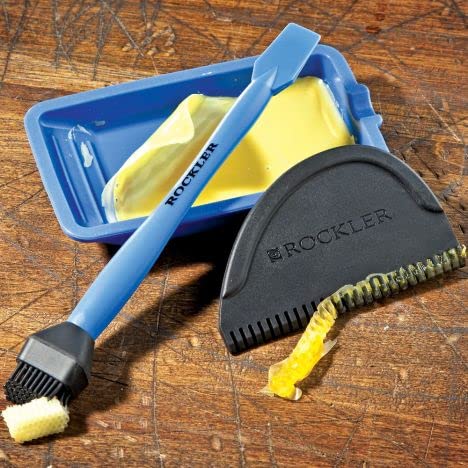 Rockler silicone glue spreader distributes glue evenly on broad surfaces.