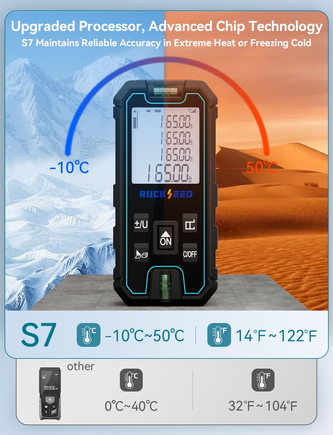 RockSeed 165ft range enables fast distance checks for large rooms.