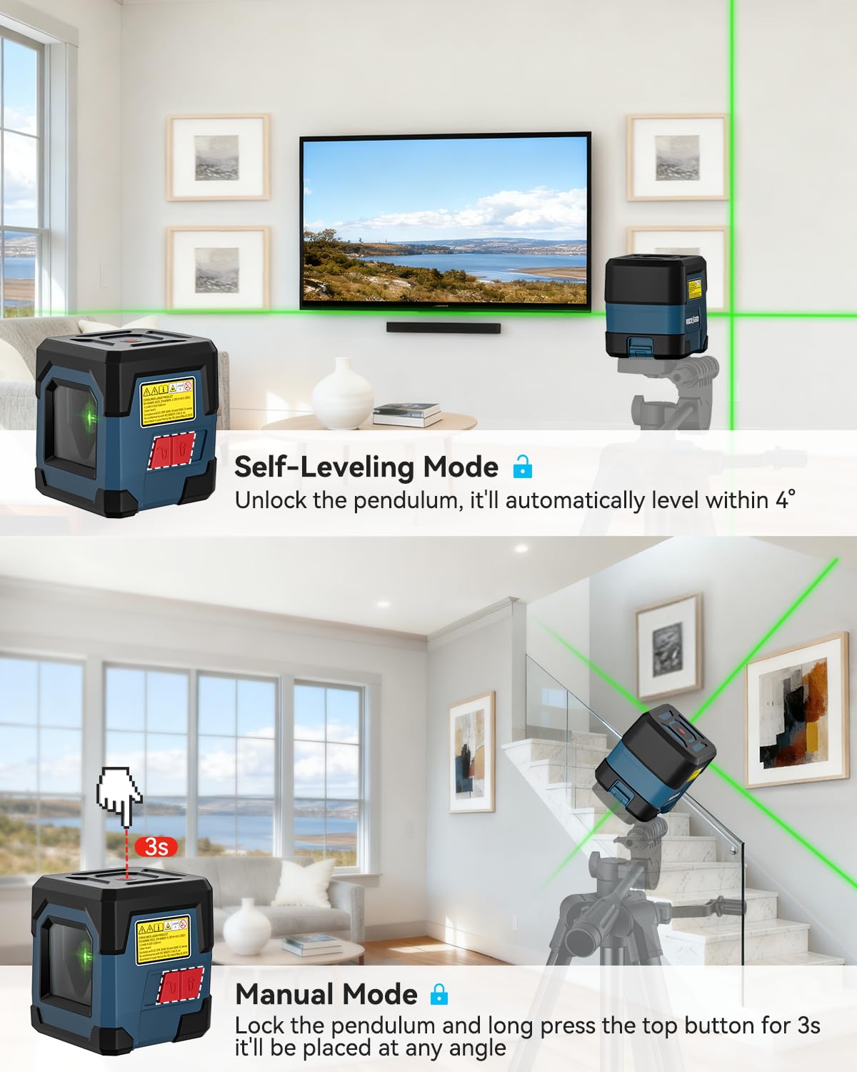 RockSeed cross line laser with 360-degree rotation enables flexible layout checks.