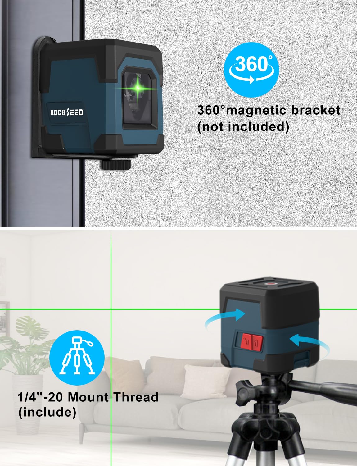 RockSeed IP54-rated cross line laser stands up to dust and moisture.