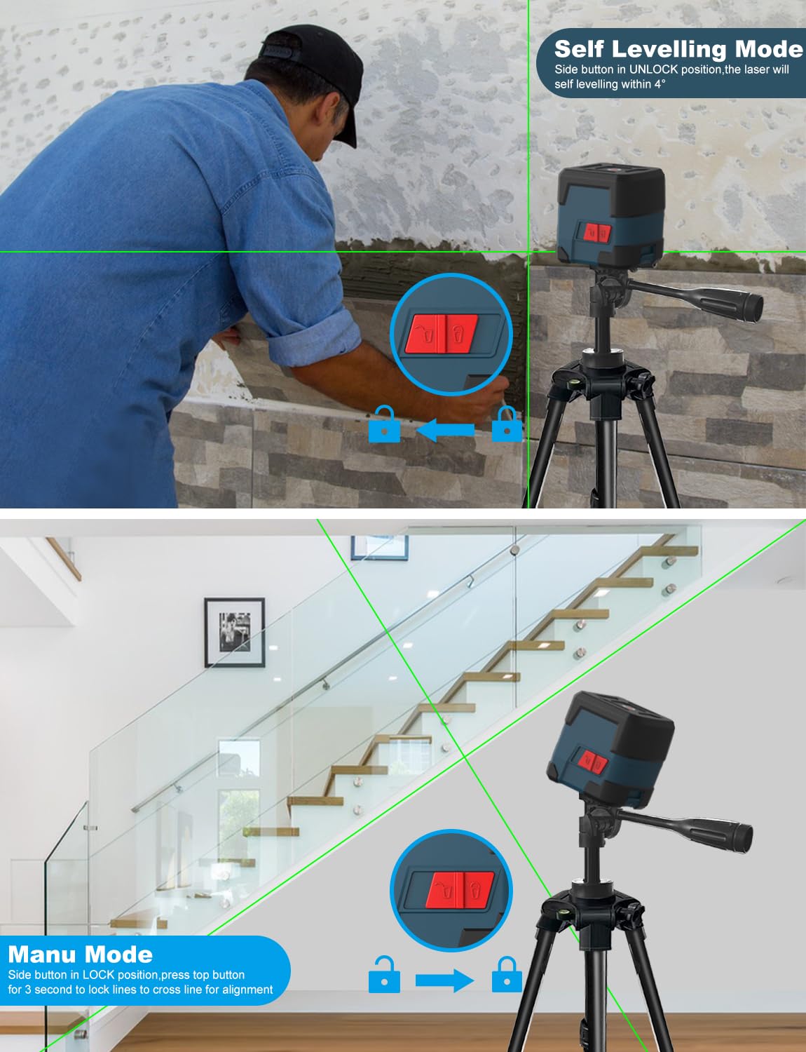 RockSeed cross-line projection at 110 degrees for fast horizontal and vertical alignment.