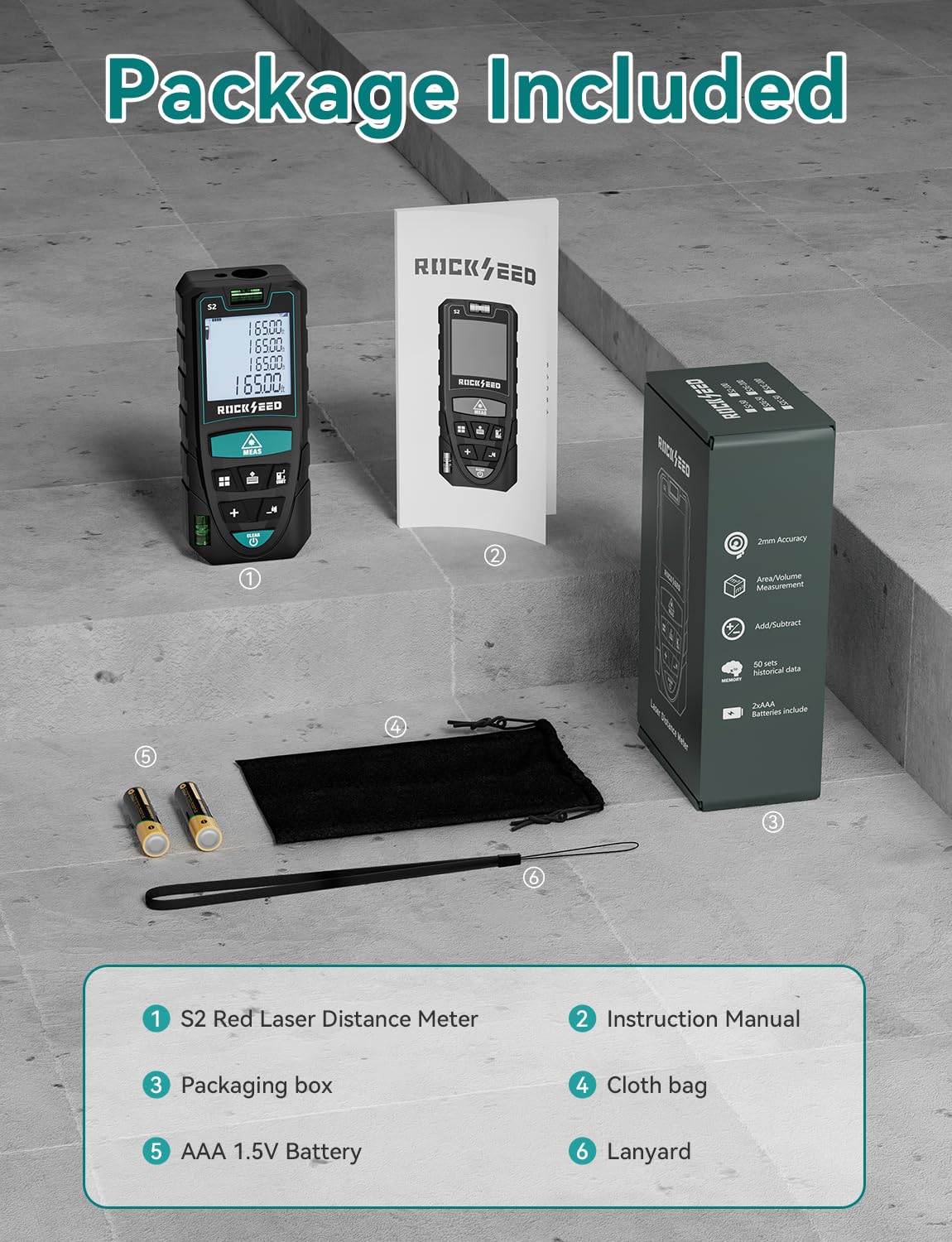 RockSeed includes manual, strap, batteries, and box for ready-to-use setup