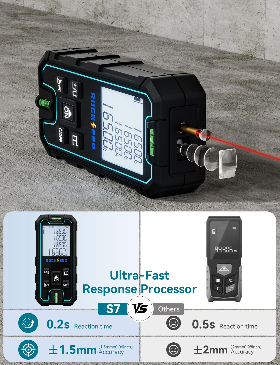 RockSeed laser measure dual bubble levels ensure level lines on the job.