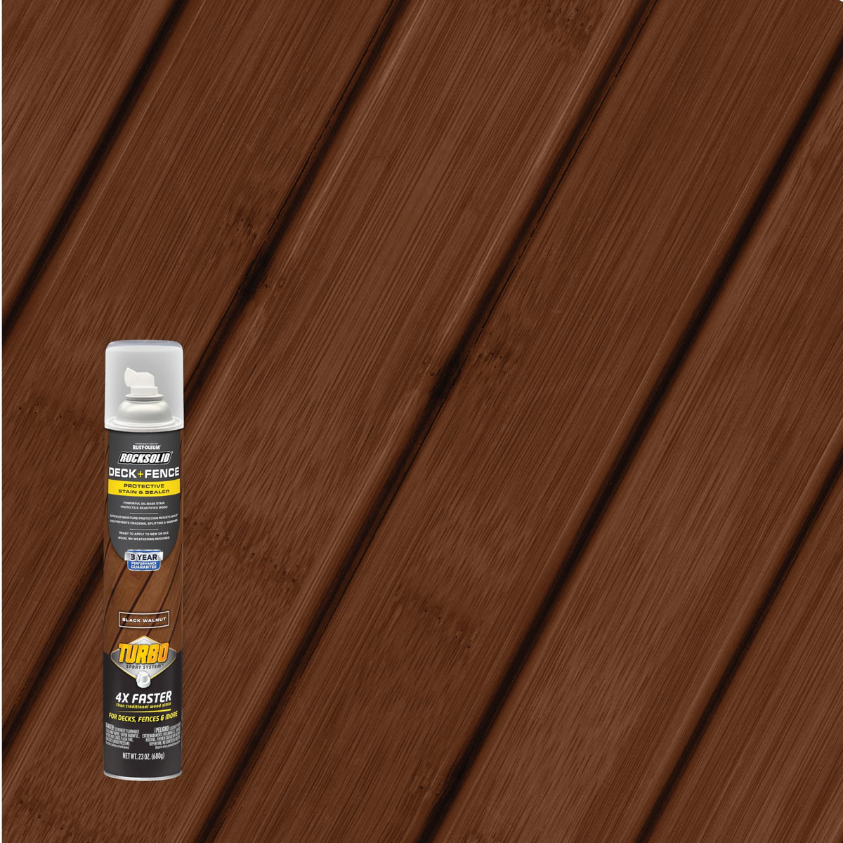 RockSolid turbo spray nozzle showing even coverage on deck wood.