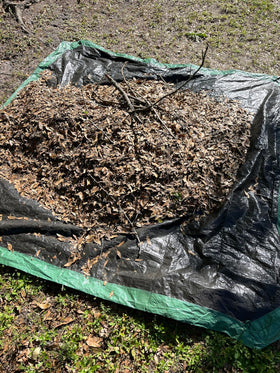 Rocky Mountain Goods Drawstring Tarp with handles for dragging leaves.