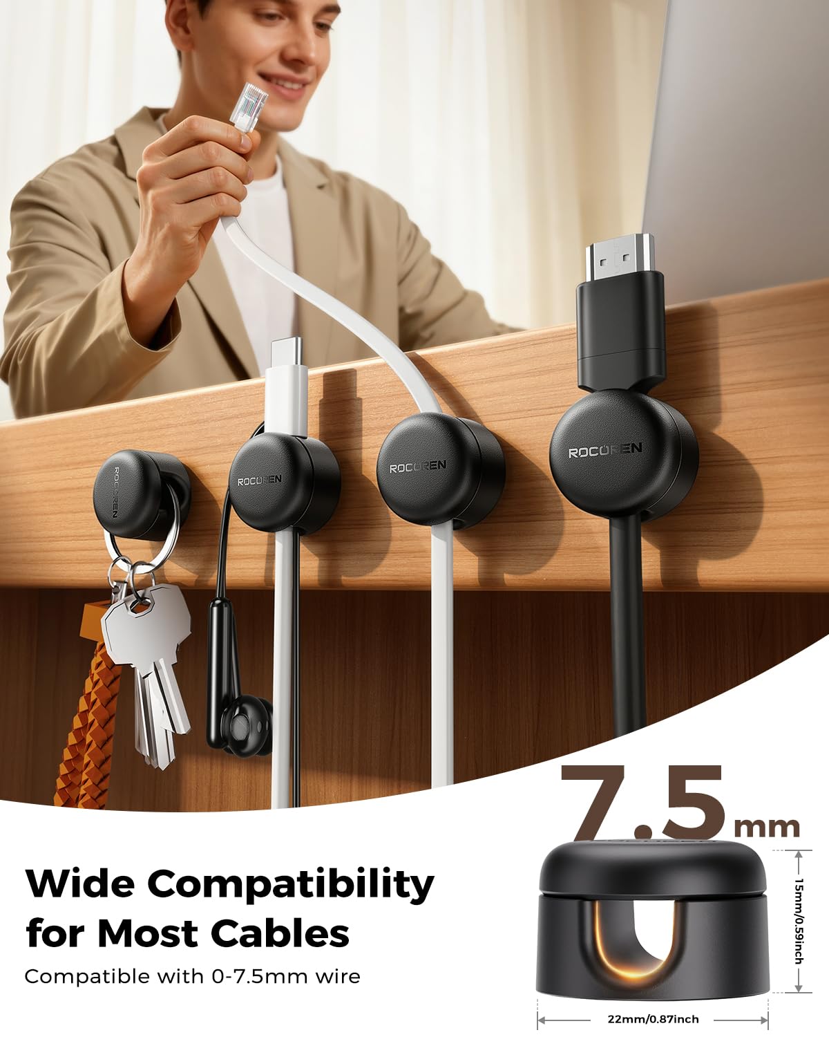 Rocoren adhesive cable clips with residue-free tape for clean removals.