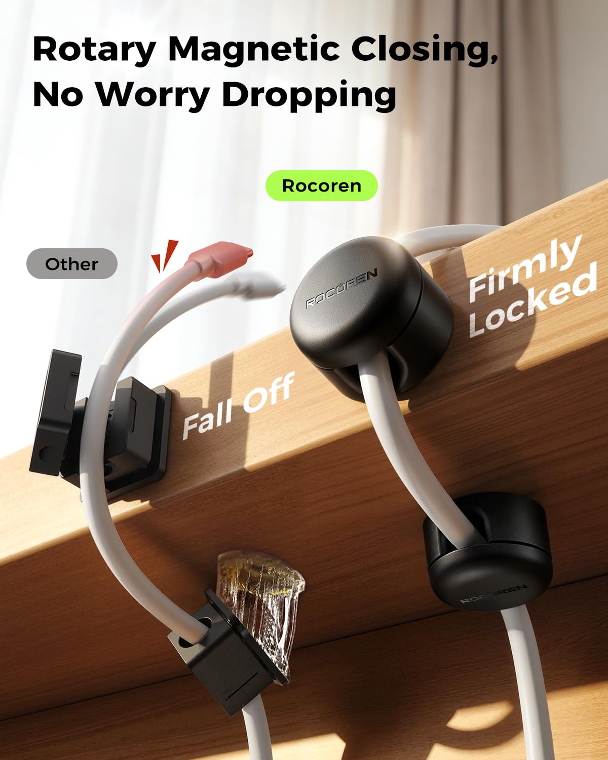 Rocoren compact cord organizer fits desks, walls, and car dashboards for flexible setup.