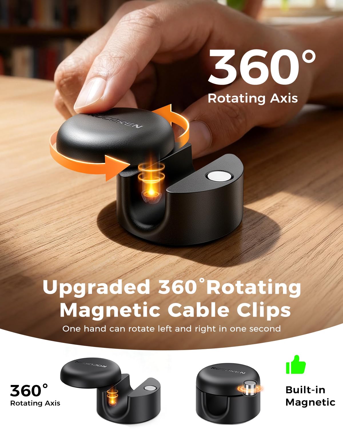Rocoren magnetic 360° rotatable cord holder allows easy cable repositioning.