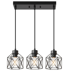 ROCUNSI 3-Light Pendant with cage front view adds vintage-industrial dining charm.