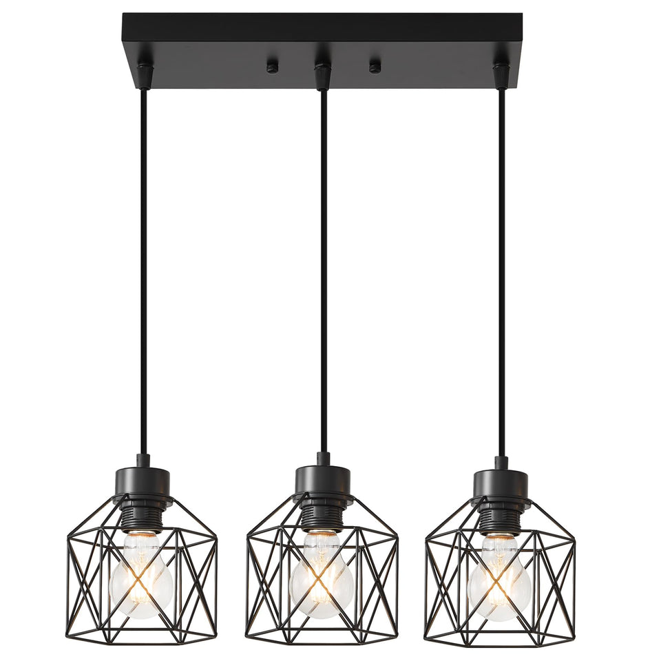 ROCUNSI 3-Light Pendant with cage front view adds vintage-industrial dining charm.