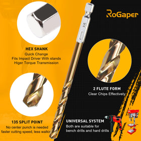 ROGAPER titanium-coated drill bits offer durability for repeated drilling in tough materials.