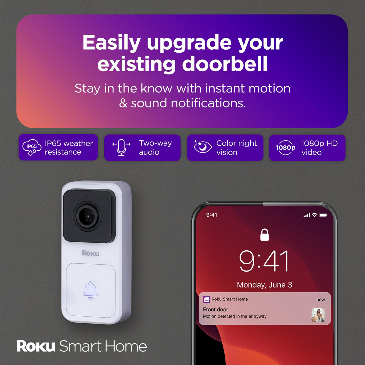 Roku Smart Home wired doorbell night vision image demonstrates clear footage in low light