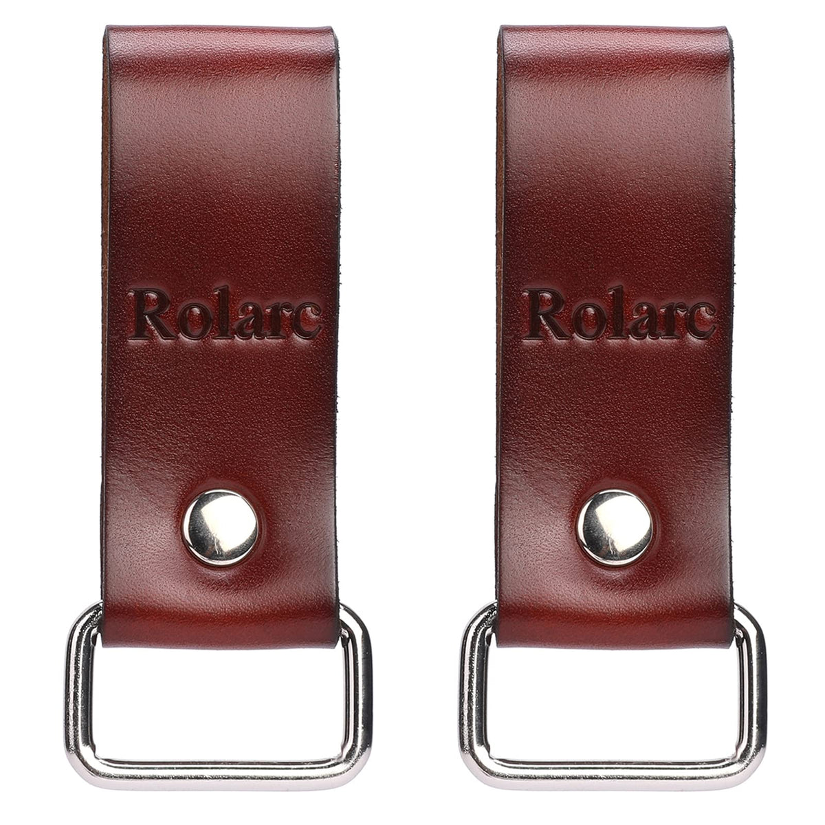 Rolarc brown leather tape-measure-holder clipped to a belt for quick job-site access