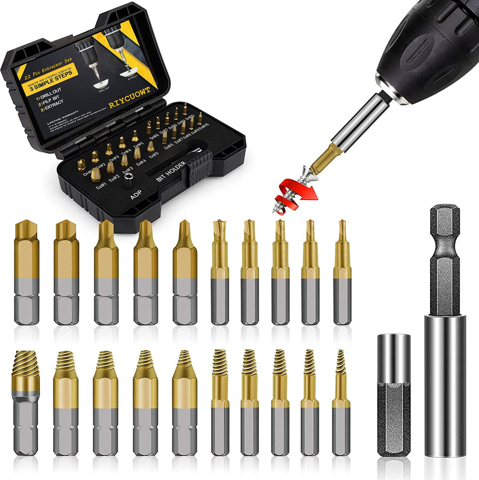 Roll With Us Depot 22pcs titanium screw extractor set ready to remove damaged screws quickly.