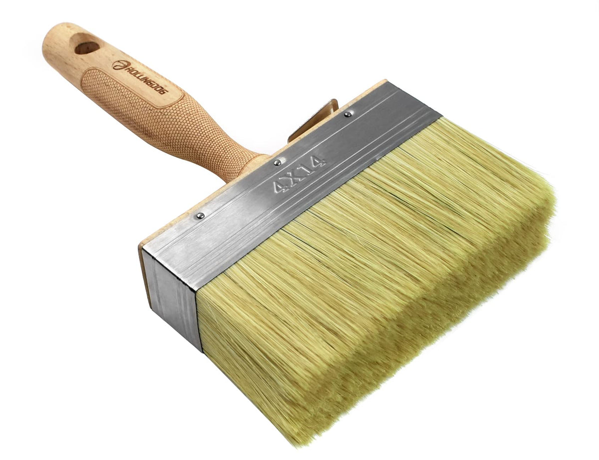 ROLLINGDOG deck-stain-limewash-brush wood-handle close-up shows comfortable grip for long use