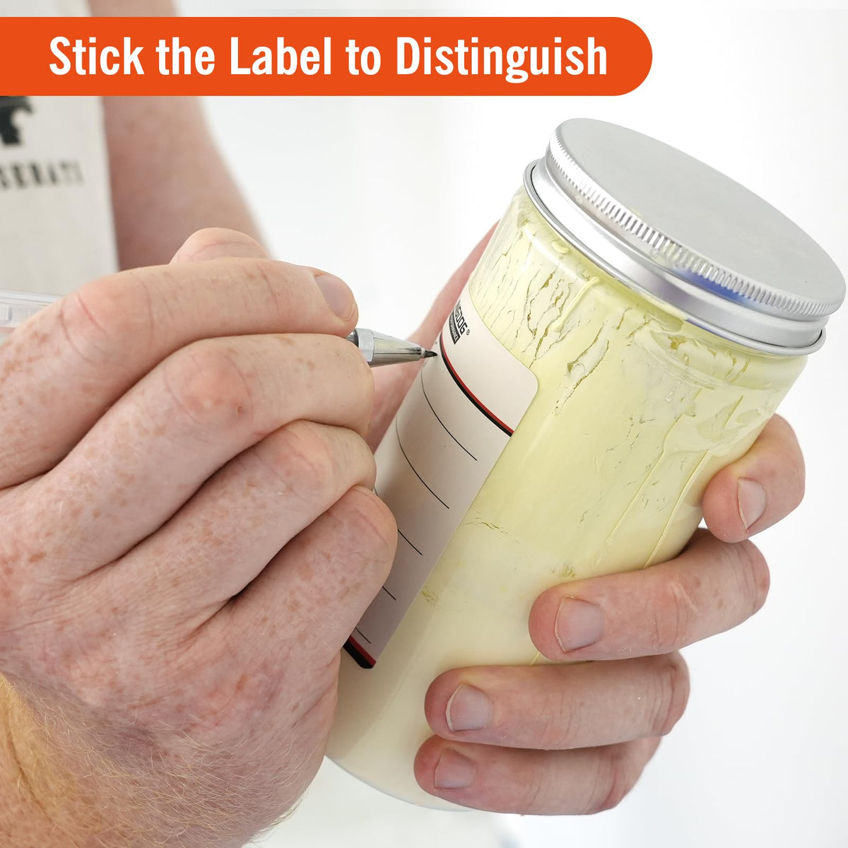 Writable adhesive label inside the container for color codes and dates.