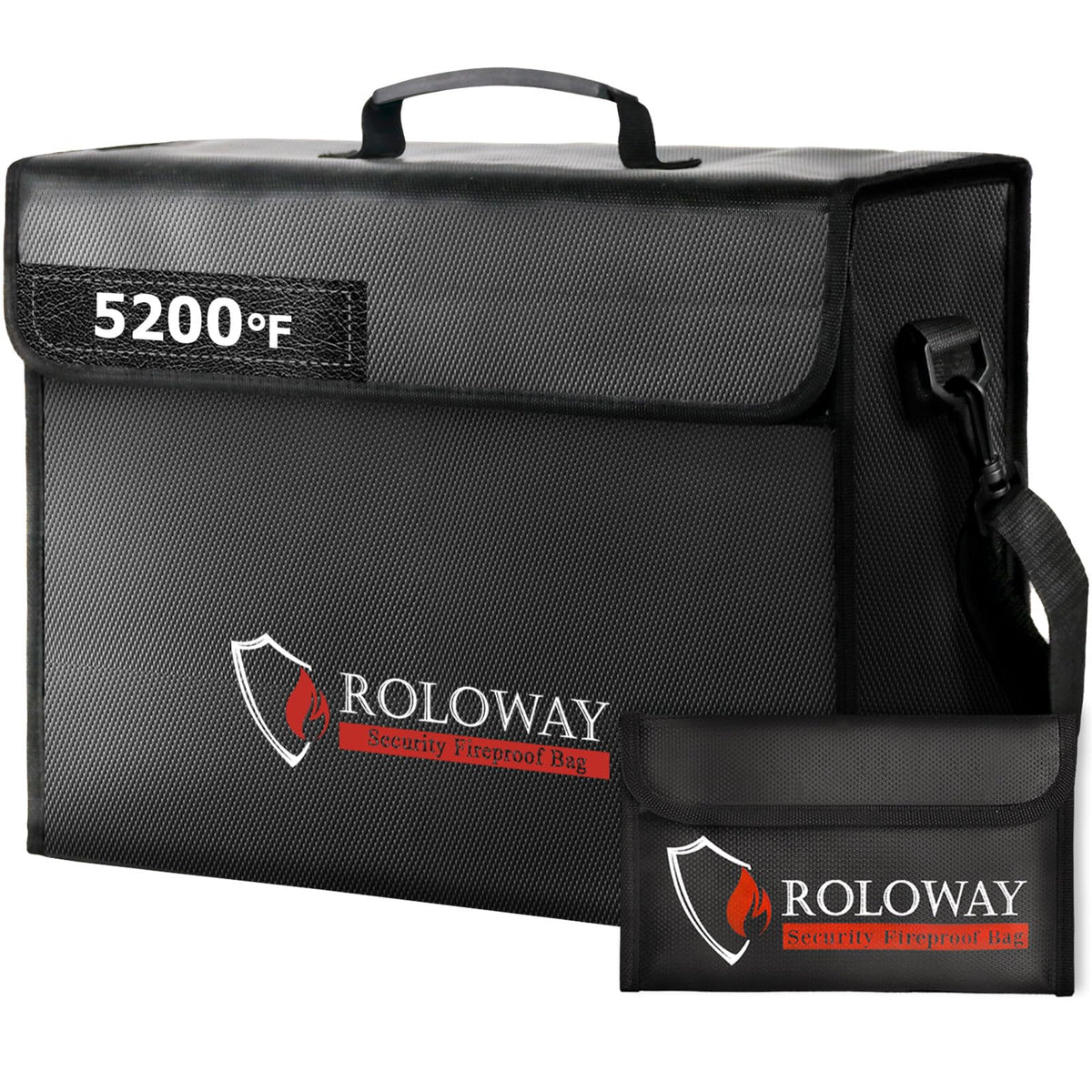 ROLOWAY large fireproof bag showing 5200°F insulation for valuable protection.