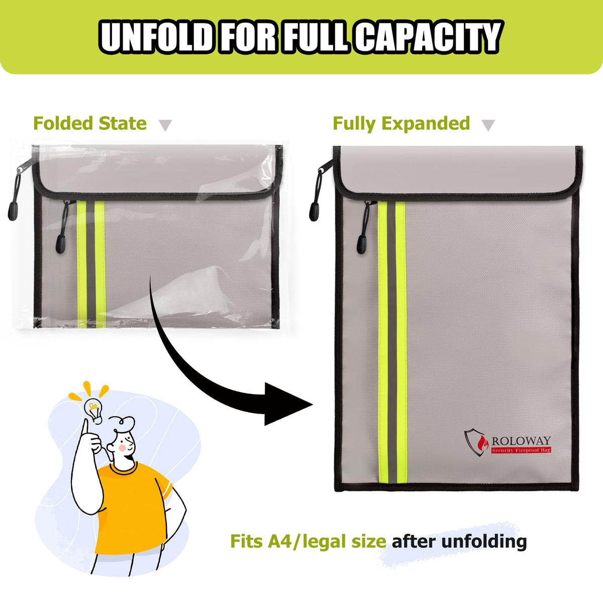 Enlarged closure on ROLOWAY bag adds extra safety for valuables.