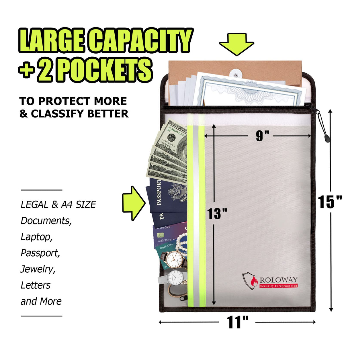 ROLOWAY fireproof bag front pocket stores passports and small valuables securely.