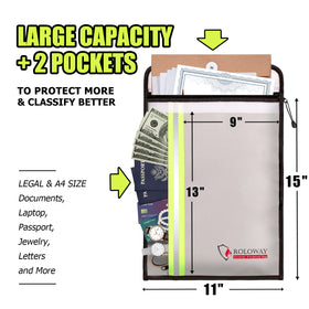 ROLOWAY fireproof bag front pocket stores passports and small valuables securely.