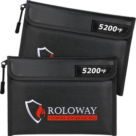 ROLOWAY Fireproof Bag front view highlights compact cash storage in a 9.6 x 6.6 inch design