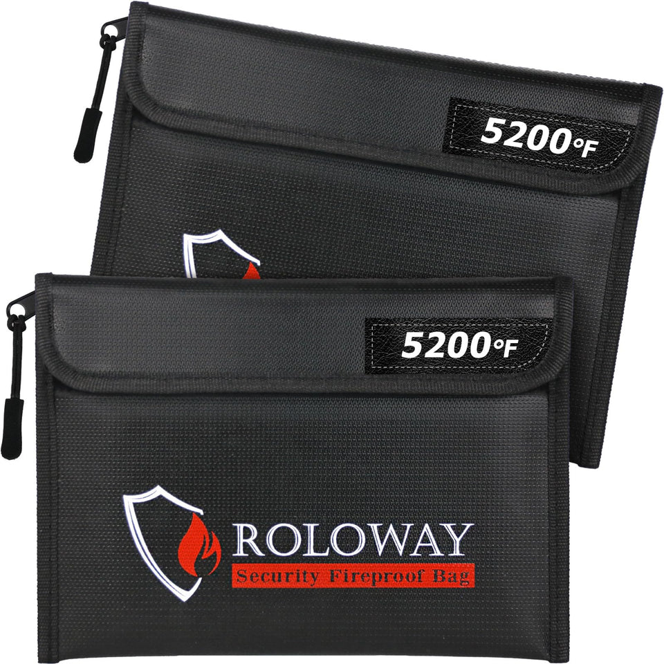 ROLOWAY Fireproof Bag front view highlights compact cash storage in a 9.6 x 6.6 inch design