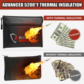 ROLOWAY Fireproof Bag heat test image emphasizes 5200°F protection for valuables